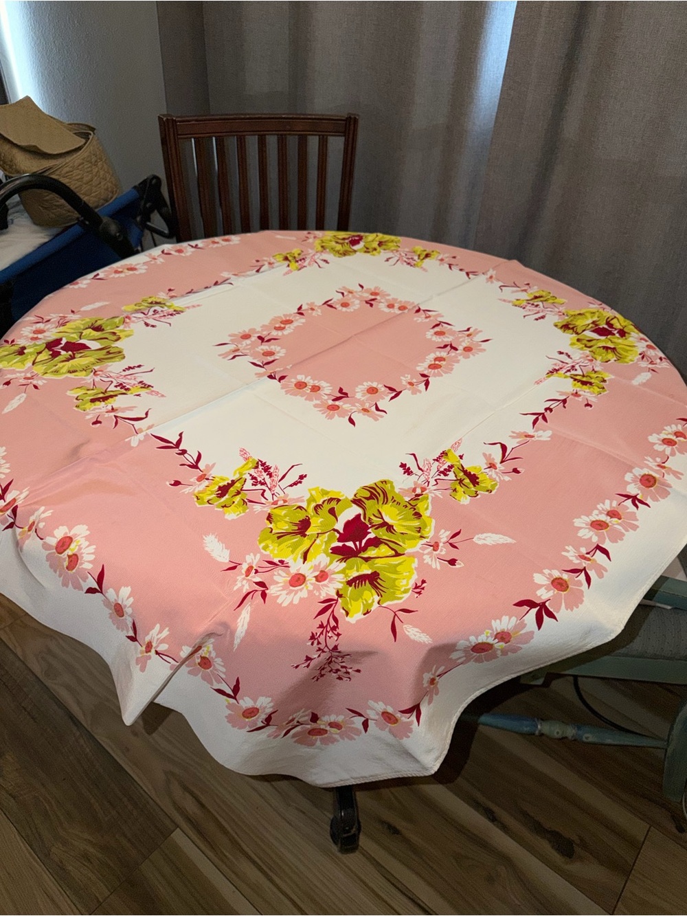 Vintage Floral Tablecloth Gorgeous Chartreuse , Cranberry and Orange